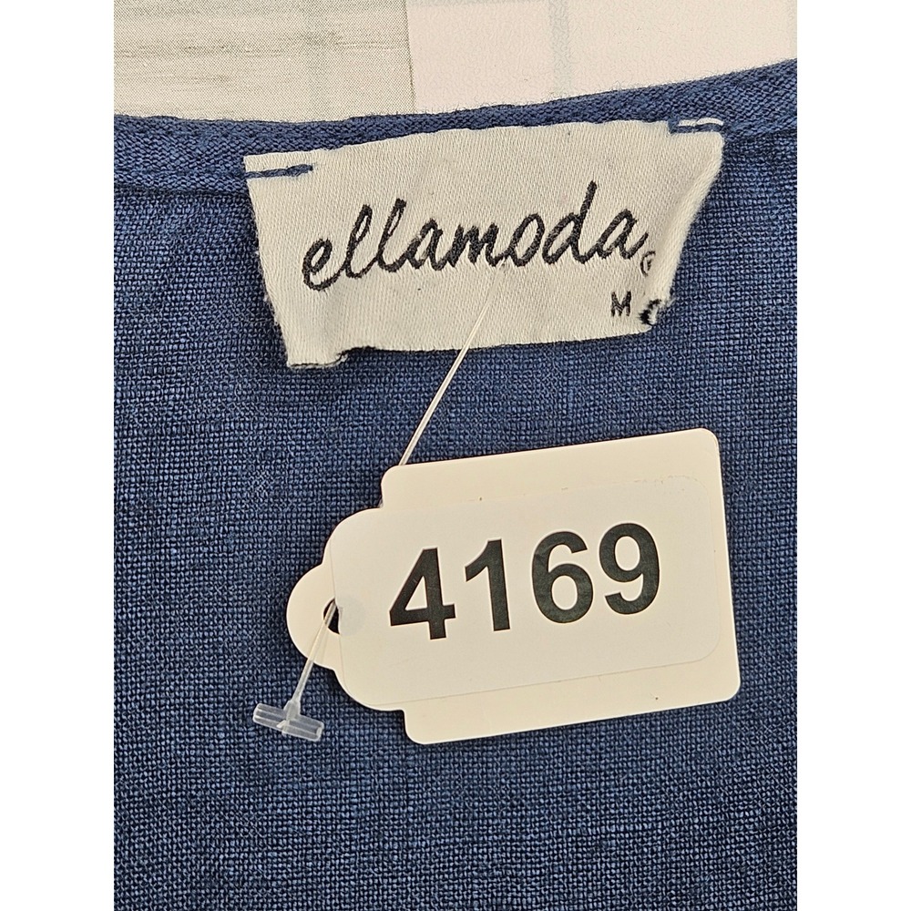 Ellamoda Navy Blue 100% Linen V-Neck Sleeveless Draped Bubble Midi Dress Medium - Picture 6 of 7